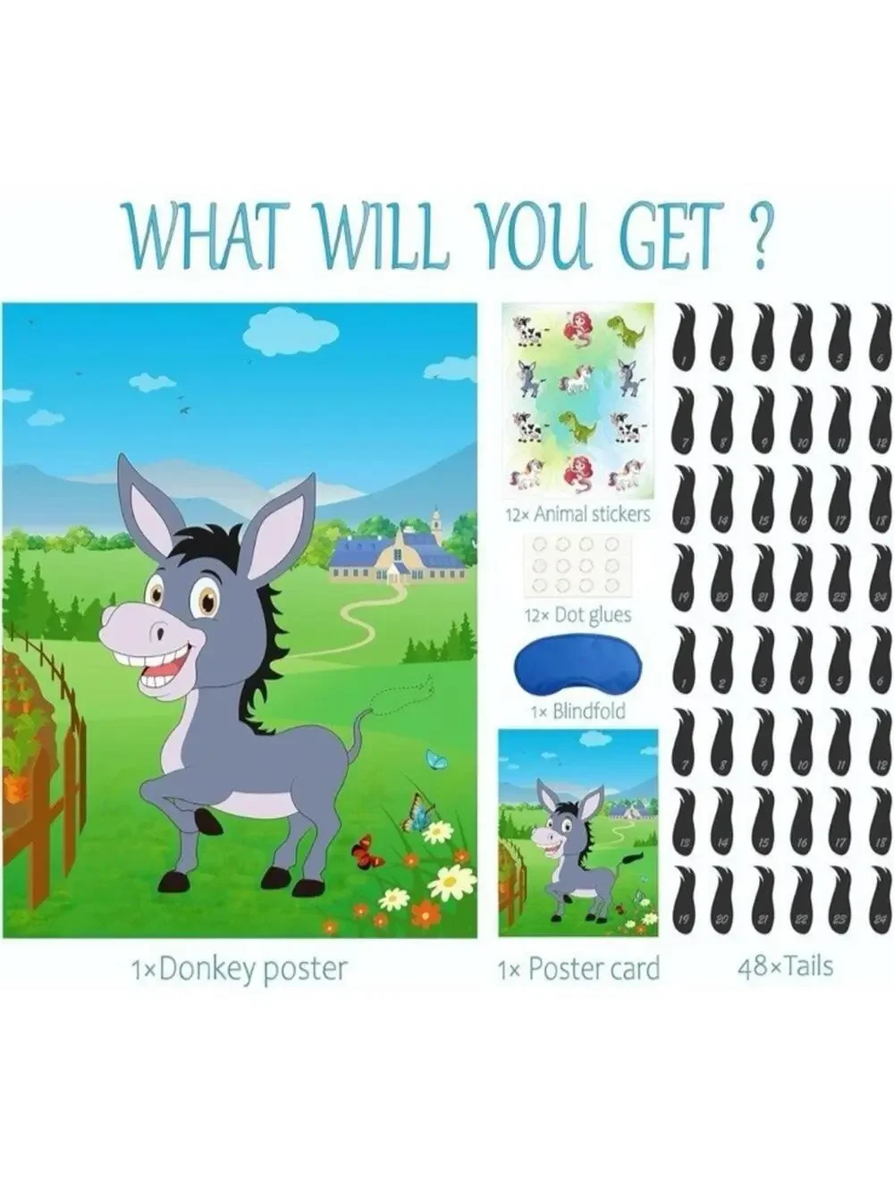 Pin The Tail On The Donkey Party Game 40 Tails Kids Birthday Poster W/ Blindfold